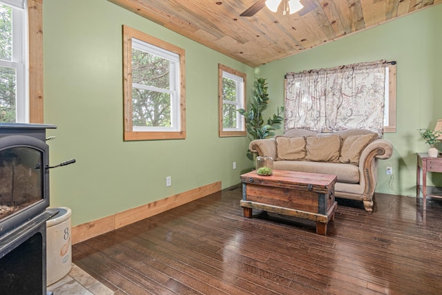 2565 Highland Rd, Minnetrista, MN 55359 - living room featuring a ceiling fan, wood-type flooring, wooden ceiling, vaulted ceiling, and a wood stove