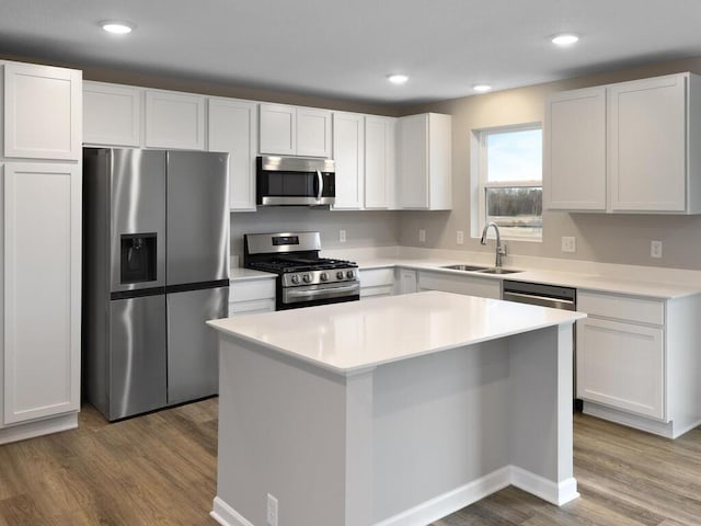 6706 376th St, North Branch, MN 55056 - kitchen with appliances with stainless steel finishes, dark wood-style floors, white cabinetry, and recessed lighting