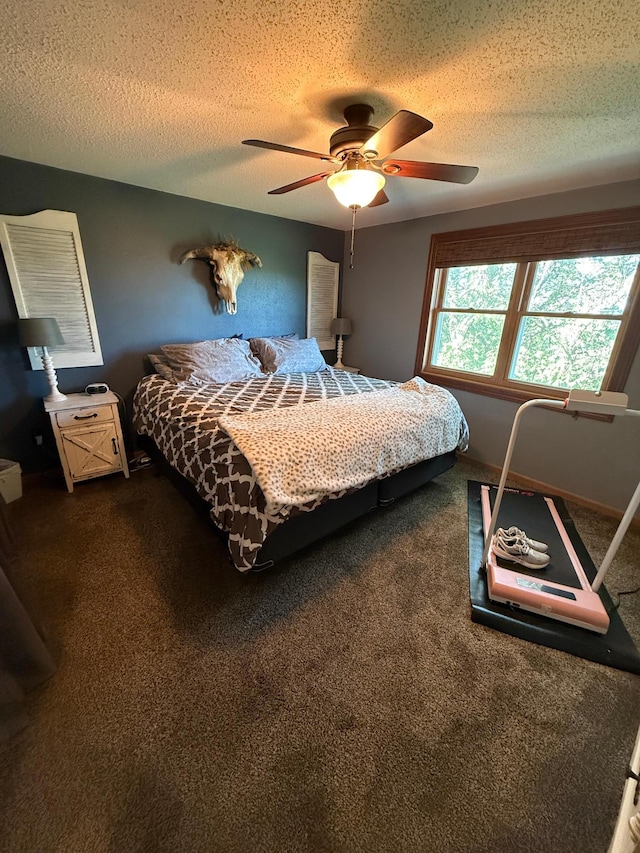 1865 180th St, Norman Twp, MN 56220 - bedroom with dark carpet, a textured ceiling, and ceiling fan