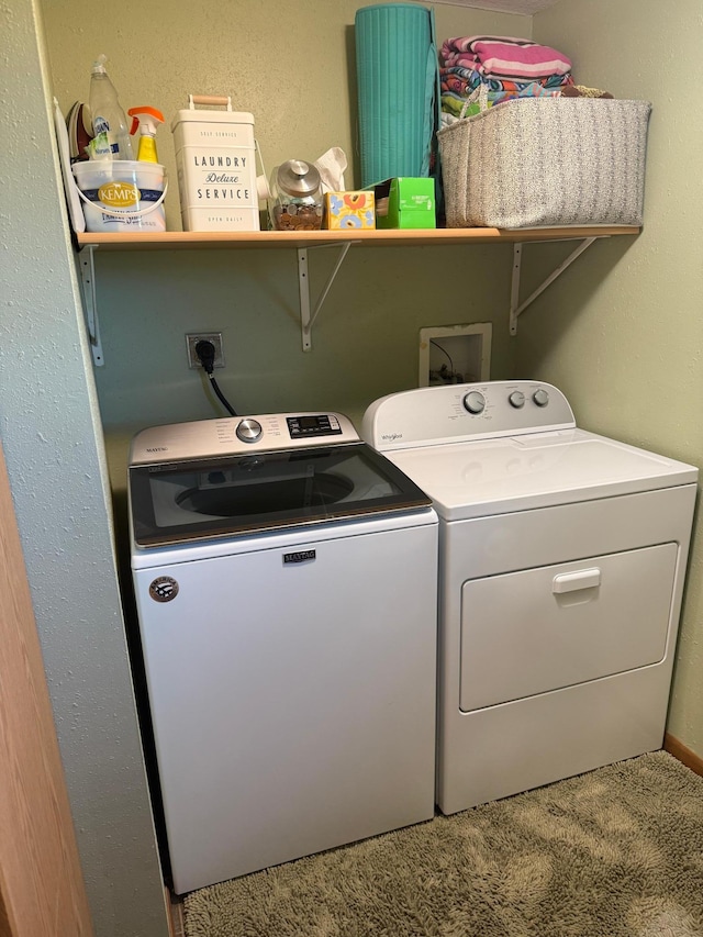 1865 180th St, Norman Twp, MN 56220 - laundry area featuring washing machine and dryer and carpet