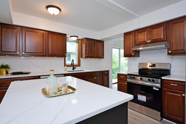 10419 Goldenrod St NW, Coon Rapids, MN 55448 - kitchen with electric stove, under cabinet range hood, plenty of natural light, and tasteful backsplash