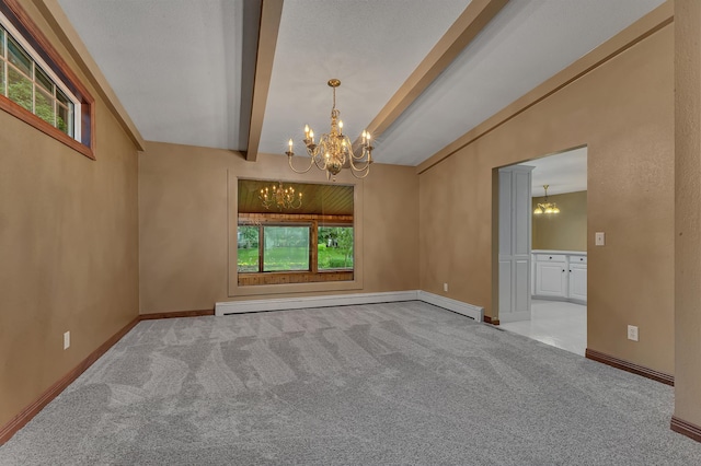 213 2nd St N, Cold Spring, MN 56320 - unfurnished room featuring a chandelier, carpet, baseboard heating, and beam ceiling