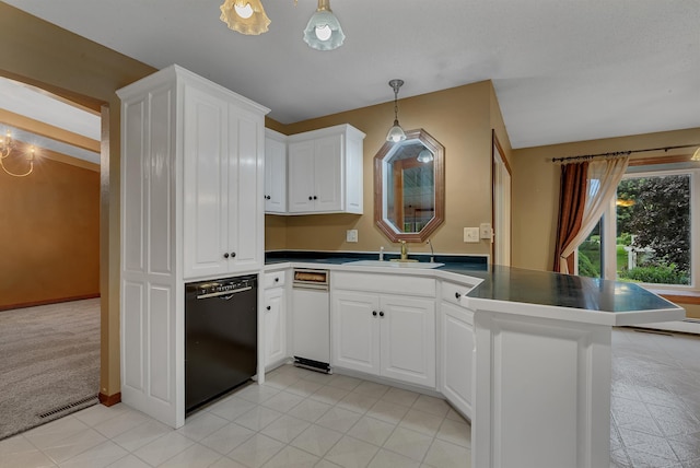 213 2nd St N, Cold Spring, MN 56320 - kitchen featuring dishwasher, a peninsula, white cabinets, decorative light fixtures, and dark countertops