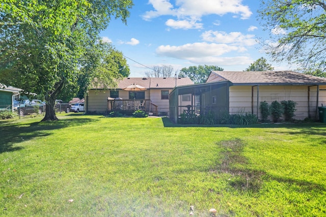 5913 Zenith Ave N, Brooklyn Center, MN 55429 - rear view of house featuring a yard, a sunroom, a deck, and roof with shingles