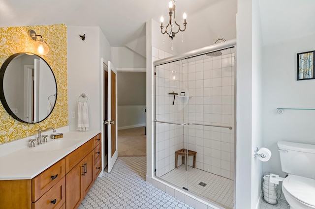 704 58th St, Minneapolis, MN 55417 - full bathroom with vanity, a shower stall, a chandelier, and tile patterned floors