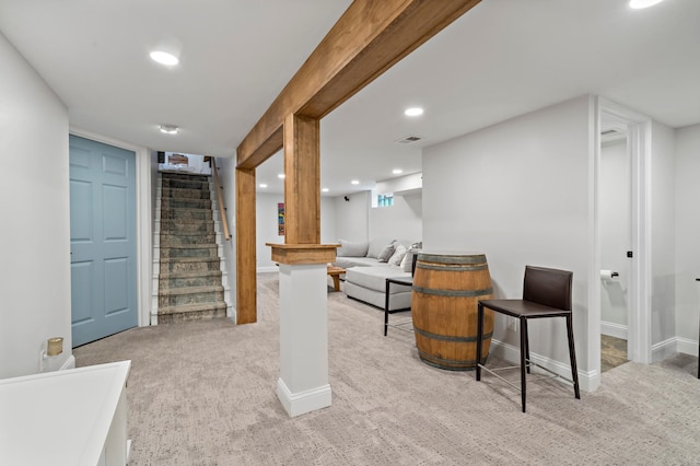 704 58th St, Minneapolis, MN 55417 - finished below grade area featuring light carpet, stairs, and recessed lighting