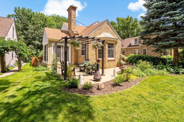 704 58th St, Minneapolis, MN 55417 - view of front of property featuring a chimney, a front yard, roof with shingles, a patio area, and a pergola