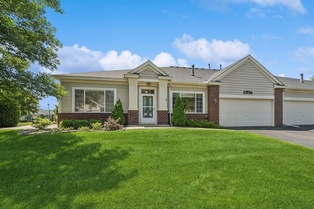 13936 54th Ave N Unit 2, Plymouth, MN 55446 - view of front of property with brick siding, asphalt driveway, a front yard, and a garage