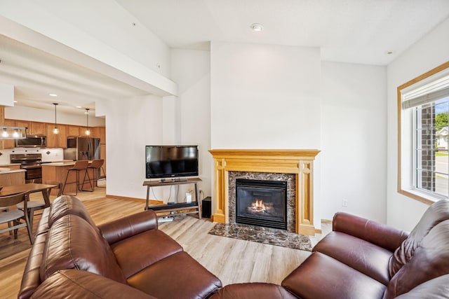 13936 54th Ave N Unit 2, Plymouth, MN 55446 - living area with light wood-style floors, a high end fireplace, and recessed lighting