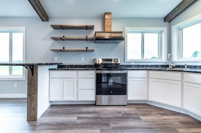 41565 Thunder Rd, Clitherall, MN 56524 - kitchen featuring stainless steel range with electric cooktop, white cabinetry, dark stone countertops, beamed ceiling, and open shelves