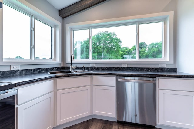 41565 Thunder Rd, Clitherall, MN 56524 - kitchen with stainless steel appliances, white cabinetry, dark stone countertops, and dark wood-style flooring