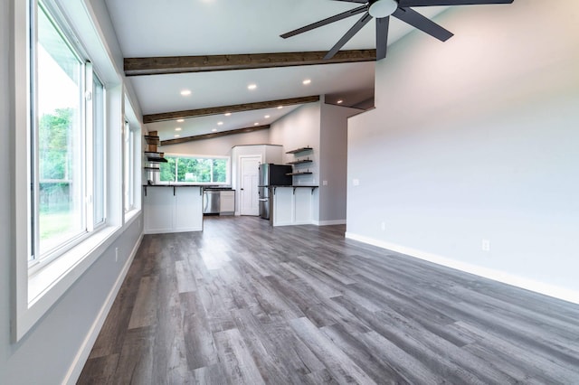 41565 Thunder Rd, Clitherall, MN 56524 - unfurnished living room with a ceiling fan, beam ceiling, dark wood-type flooring, recessed lighting, and high vaulted ceiling