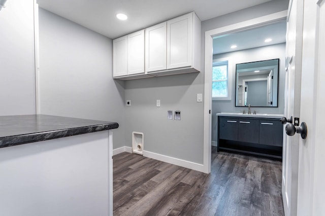 41565 Thunder Rd, Clitherall, MN 56524 - laundry room with electric dryer hookup, cabinet space, dark wood-type flooring, washer hookup, and recessed lighting