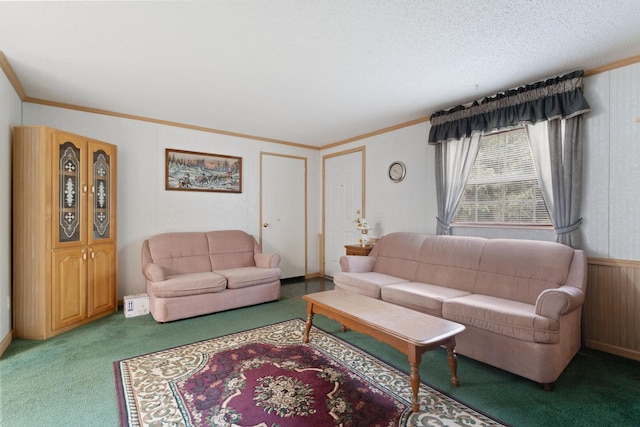 608 Round Lake Ave, Georgetown Twp, WI 54853 - carpeted living area featuring ornamental molding, wooden walls, and a textured ceiling