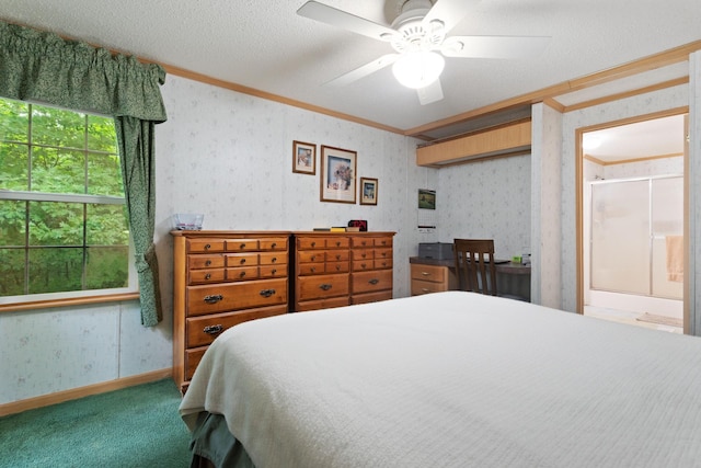 608 Round Lake Ave, Georgetown Twp, WI 54853 - bedroom featuring ornamental molding, wallpapered walls, carpet floors, and ceiling fan