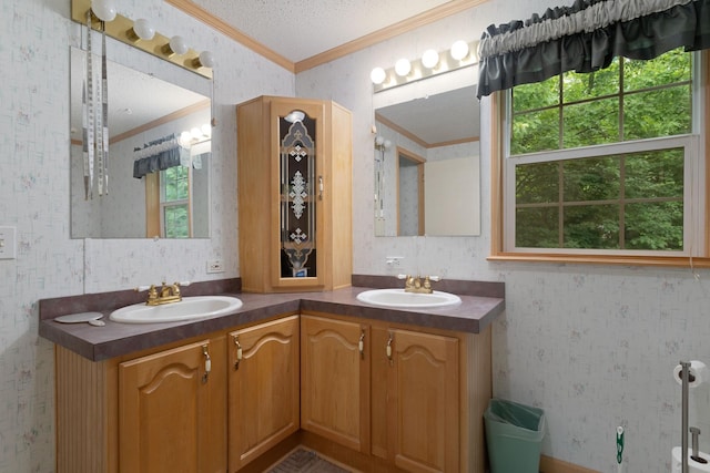 608 Round Lake Ave, Georgetown Twp, WI 54853 - full bath with crown molding, wallpapered walls, double vanity, and a textured ceiling