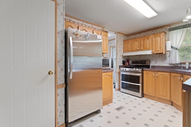 608 Round Lake Ave, Georgetown Twp, WI 54853 - kitchen with stainless steel appliances, under cabinet range hood, a textured ceiling, wallpapered walls, and light floors