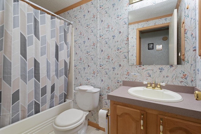 608 Round Lake Ave, Georgetown Twp, WI 54853 - full bath with crown molding, wallpapered walls, vanity, shower / bathtub combination with curtain, and a textured ceiling