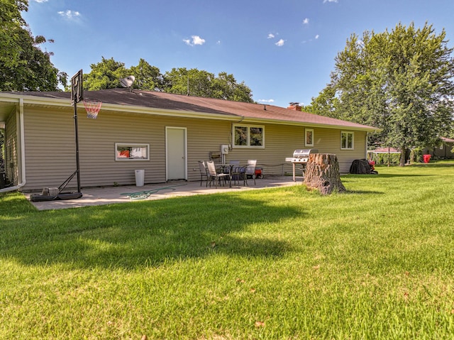 1007 Ruby St NW, Alexandria, MN 56308 - back of house with a patio, a lawn, and a chimney