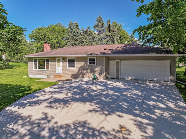1007 Ruby St NW, Alexandria, MN 56308 - ranch-style house with driveway, a garage, a front lawn, a chimney, and entry steps