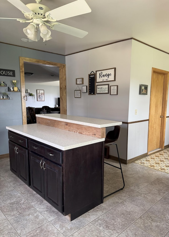 74194 415th St, South Branch Twp, MN 56081 - kitchen with light countertops, ceiling fan, a breakfast bar area, and a center island