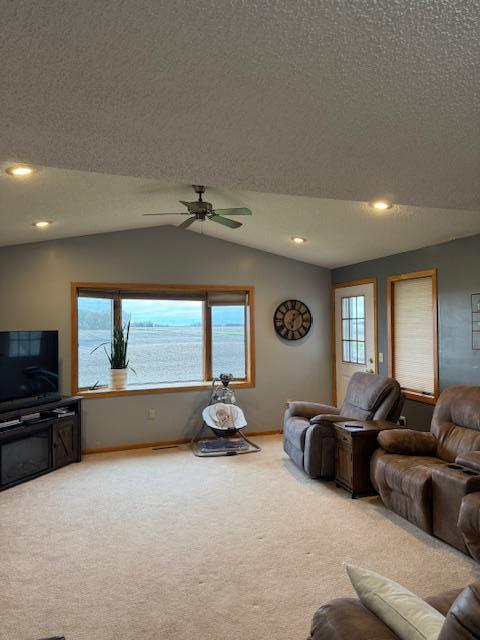 74194 415th St, South Branch Twp, MN 56081 - living room featuring carpet flooring, healthy amount of natural light, lofted ceiling, a textured ceiling, and ceiling fan
