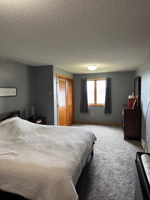 74194 415th St, South Branch Twp, MN 56081 - bedroom featuring a textured ceiling and light colored carpet