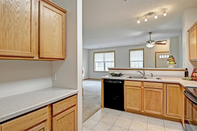11307 Chisholm Cir NE Unit C, Blaine, MN 55449 - kitchen with dishwasher, ceiling fan, a peninsula, light countertops, and light colored carpet