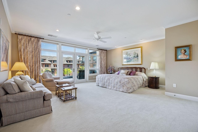 875 Lake St N Unit 318, Wayzata, MN 55391 - bedroom with crown molding, light colored carpet, access to outside, recessed lighting, and a ceiling fan