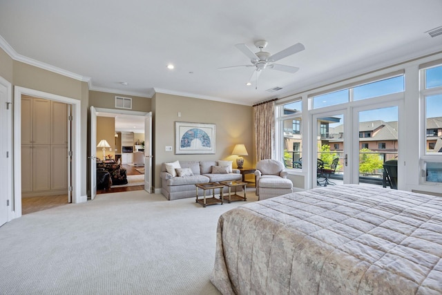 875 Lake St N Unit 318, Wayzata, MN 55391 - bedroom featuring access to exterior, carpet floors, ornamental molding, recessed lighting, and ceiling fan