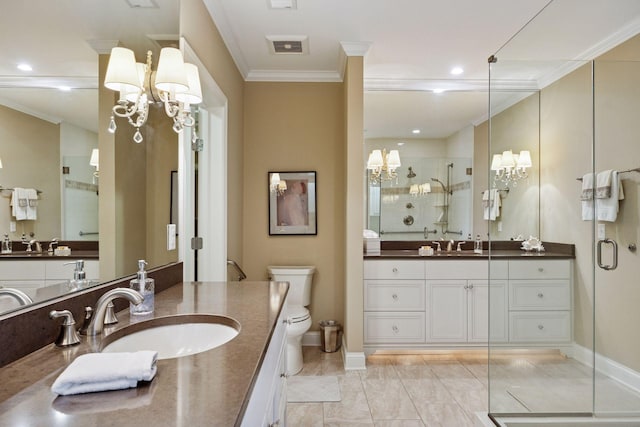 875 Lake St N Unit 318, Wayzata, MN 55391 - full bath with a chandelier, a shower stall, crown molding, two vanities, and marble finish floors