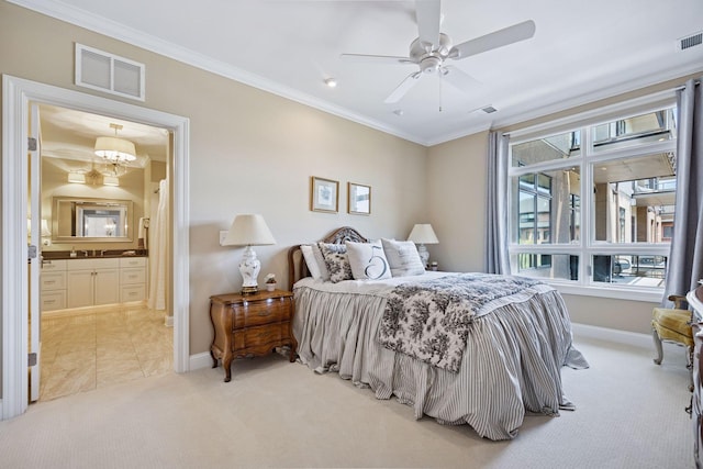 875 Lake St N Unit 318, Wayzata, MN 55391 - bedroom featuring crown molding, light colored carpet, ensuite bath, and a ceiling fan