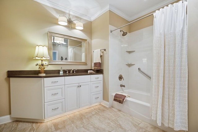 875 Lake St N Unit 318, Wayzata, MN 55391 - bathroom with ornamental molding, shower / tub combo, vanity, and a chandelier