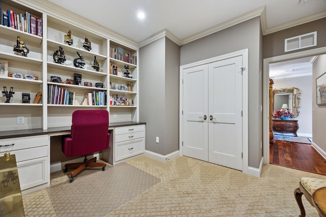 875 Lake St N Unit 318, Wayzata, MN 55391 - office area with built in study area, ornamental molding, and light carpet