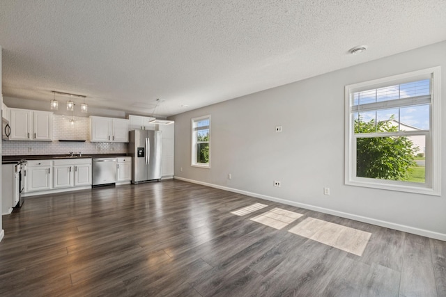 12651 8th Ave S, Zimmerman, MN 55398 - unfurnished living room with a textured ceiling and dark wood-style floors