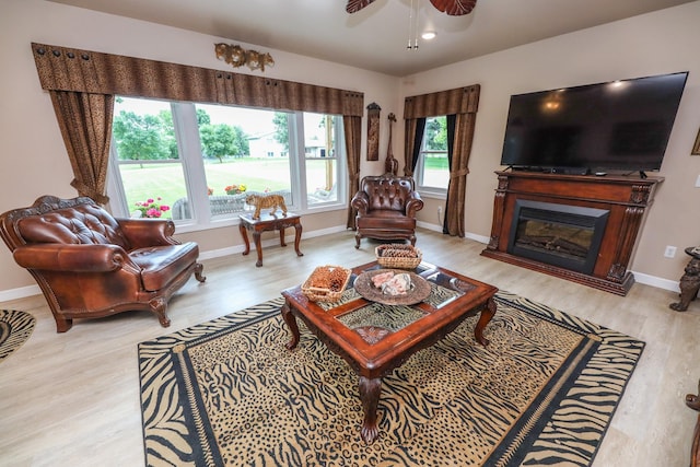 915 Darling Dr NW, Alexandria, MN 56308 - living area featuring light wood-type flooring, a ceiling fan, and a glass covered fireplace