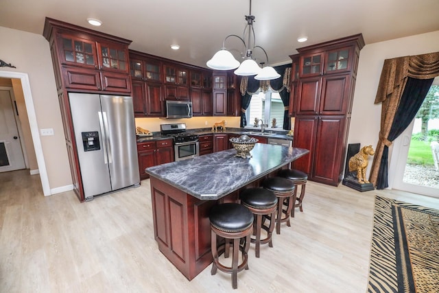 915 Darling Dr NW, Alexandria, MN 56308 - kitchen featuring appliances with stainless steel finishes, dark brown cabinets, healthy amount of natural light, light wood-style floors, and recessed lighting