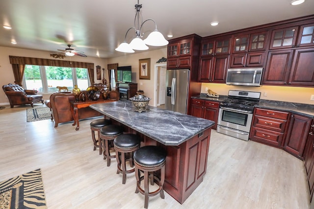 915 Darling Dr NW, Alexandria, MN 56308 - kitchen with stainless steel appliances, dark brown cabinets, light wood-style floors, decorative light fixtures, and recessed lighting
