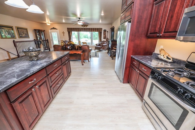 915 Darling Dr NW, Alexandria, MN 56308 - kitchen featuring stainless steel appliances, light wood-type flooring, dark brown cabinets, a ceiling fan, and decorative light fixtures