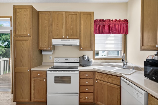7217 92nd Trl N, Brooklyn Park, MN 55445 - kitchen featuring white appliances, under cabinet range hood, plenty of natural light, and light countertops