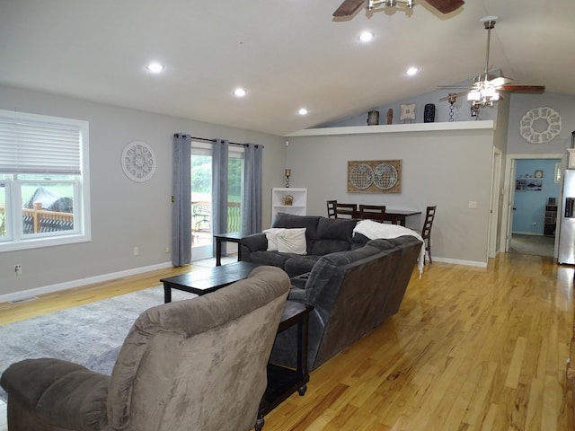 568 Midway Rd, Menomonie, WI 54751 - living room featuring a ceiling fan, light wood finished floors, lofted ceiling, and recessed lighting