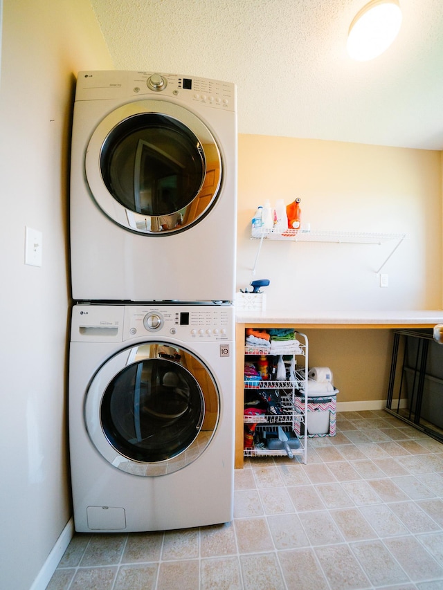 519 Graceview Loop, Saint Joseph, MN 56374 - washroom with stacked washer / drying machine, tile patterned floors, and a textured ceiling