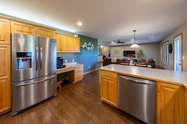 1100 27th St SW, Austin, MN 55912 - kitchen featuring stainless steel appliances, dark wood-style flooring, a ceiling fan, open floor plan, and light countertops