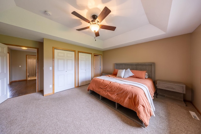 1100 27th St SW, Austin, MN 55912 - bedroom featuring two closets, carpet flooring, a raised ceiling, and ceiling fan