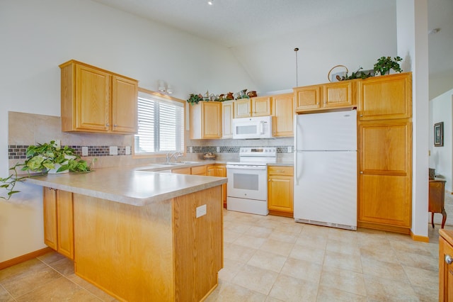 12707 Ivywood St NW, Coon Rapids, MN 55448 - kitchen with white appliances, a peninsula, backsplash, high vaulted ceiling, and light countertops