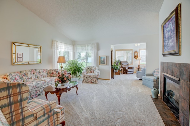 12707 Ivywood St NW, Coon Rapids, MN 55448 - carpeted living area with a fireplace, a textured ceiling, and vaulted ceiling