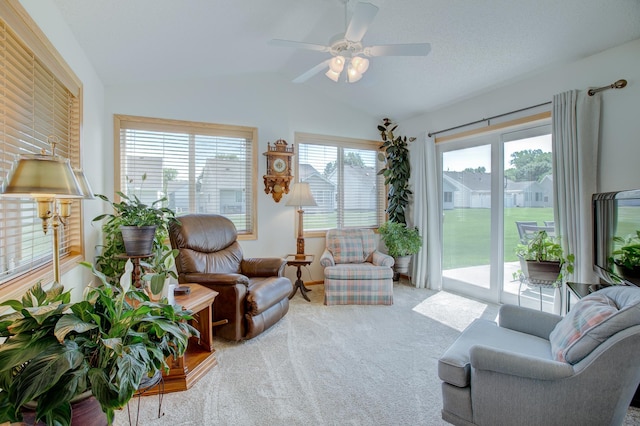 12707 Ivywood St NW, Coon Rapids, MN 55448 - living area featuring vaulted ceiling, carpet flooring, and a ceiling fan