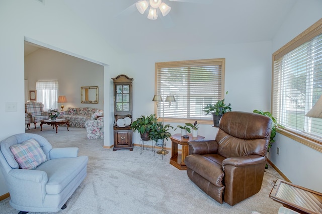 12707 Ivywood St NW, Coon Rapids, MN 55448 - living area featuring carpet flooring, ceiling fan, and lofted ceiling