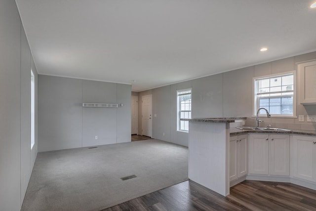1025 Belle Ave Unit B-23, Mankato, MN 56001 - kitchen featuring dark wood-style flooring, healthy amount of natural light, white cabinetry, ornamental molding, and recessed lighting