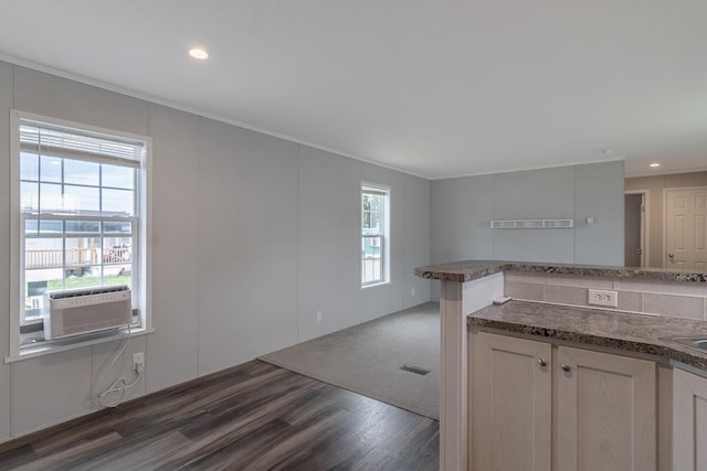 1025 Belle Ave Unit B-23, Mankato, MN 56001 - kitchen with cooling unit, wood finished floors, crown molding, and recessed lighting